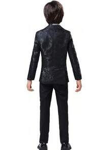 Teen Boy Jacquard Tuxedo 3 Piece Suit Set - Bow Tie Included For Wedding Prom - 藍葉 - 查看 9