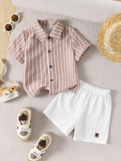 Young Boys Casual And Stylish Striped Short-Sleeved Collared Button-Down Shirt Paired With Elastic Waist Shorts, Casual School Vacation Outdoor Set For Summer.