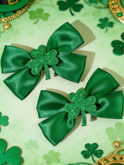 2pcs/6pcs St. Patrick's Day Shamrock Hair Bows For Girls (Dark Green/Light Green/Orange) , Glitter Shamrock Decor Hair Clips ,Satin Alligator Clips, Festive Holiday Hair Accessories