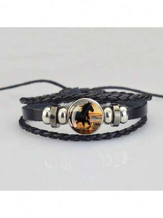 1pc Horse Head Pattern Black Leather Wrap Bracelet, Fashion Gift For Horse Riding Enthusiasts