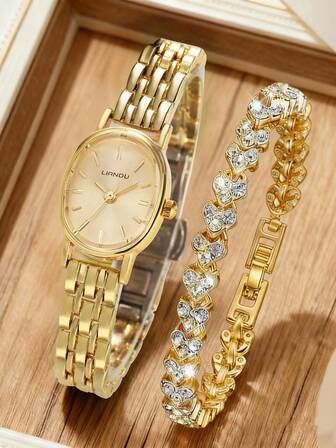 LIANDU LIANDU Minimalist Luxury Style, Vintage Yet Fashionable. Features An Oval Case With A Studded Dial And A Stainless Steel Removable Strap. This Quartz Watch Comes With A Matching Bracelet Set, Perfect For Everyday Wear And An Ideal Gift