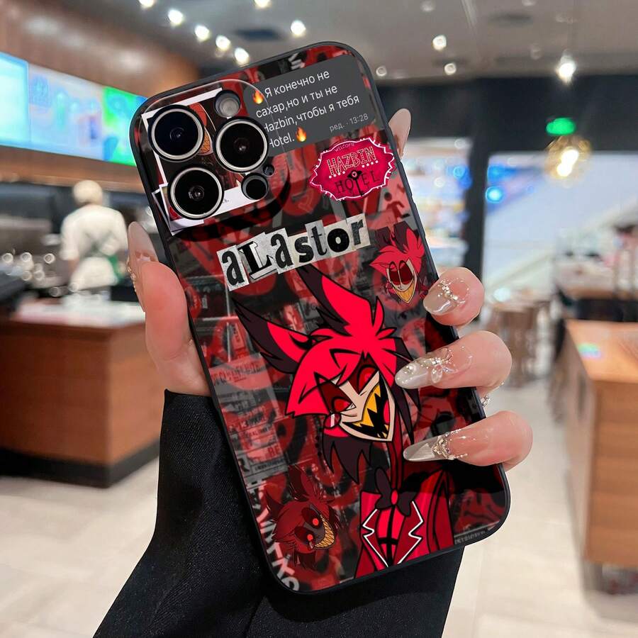 Collage estético de Alastor de Hazbin Hotel. Esta elegante funda es compatible con los modelos 17, 16, 15, 14 Pro Max, 13, 12, 11, XR y XS Plus. Fabricada en silicona de vidrio, ofrece protección contra golpes y caídas, además de una sensación superior. Es un regalo ideal para familiares, amigos y seres queridos, y una opción perfecta para Año Nuevo. - Negro - Ver 1