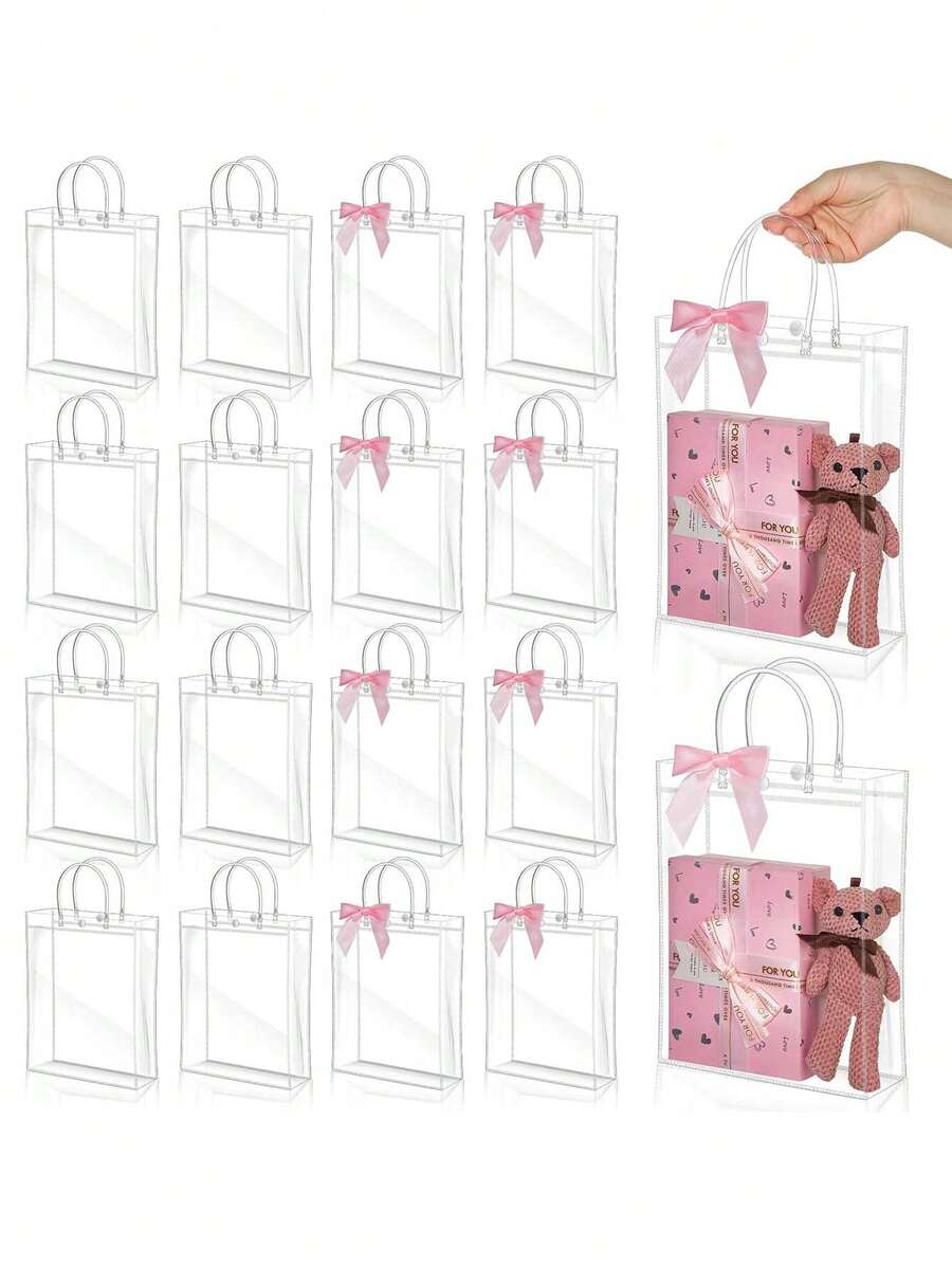 12个透明塑料礼品袋，带提手，可重复使用，配有丝带蝴蝶结，适用于婚礼、生日派对和节日礼品包装 - 淺粉色 - 查看 1