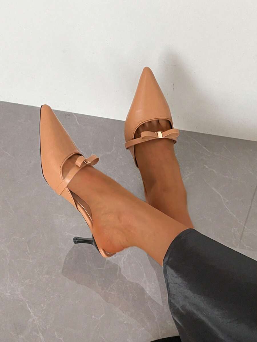 Giày sandal cao gót mũi nhọn có nơ thời trang dành cho nữ, sandal hở gót mũi kín thoải mái và đa năng. - khỏa thân - Xem 1