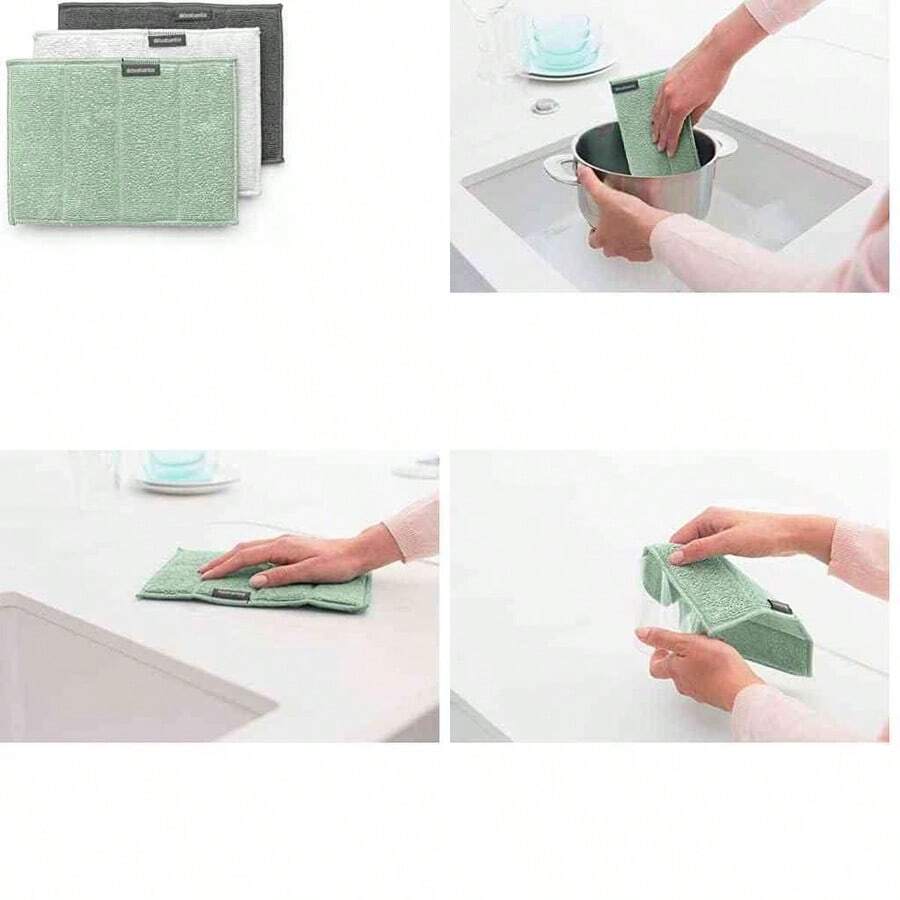 OpenHIBrabantia 3 almohadillas para orejas de limpieza de microfibra (gris oscuro, gris claro, verde jade) absorbentes almohadillas para orejas higinicas esponjosas para lavado de cocina, secado, mostradores, espejos - Mixto+3 pack de almohadillas de limpieza - Ver 1