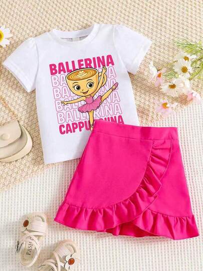 Conjunto de 2 piezas para niña preadolescente con top de manga corta con estampado de letras y falda con volantes