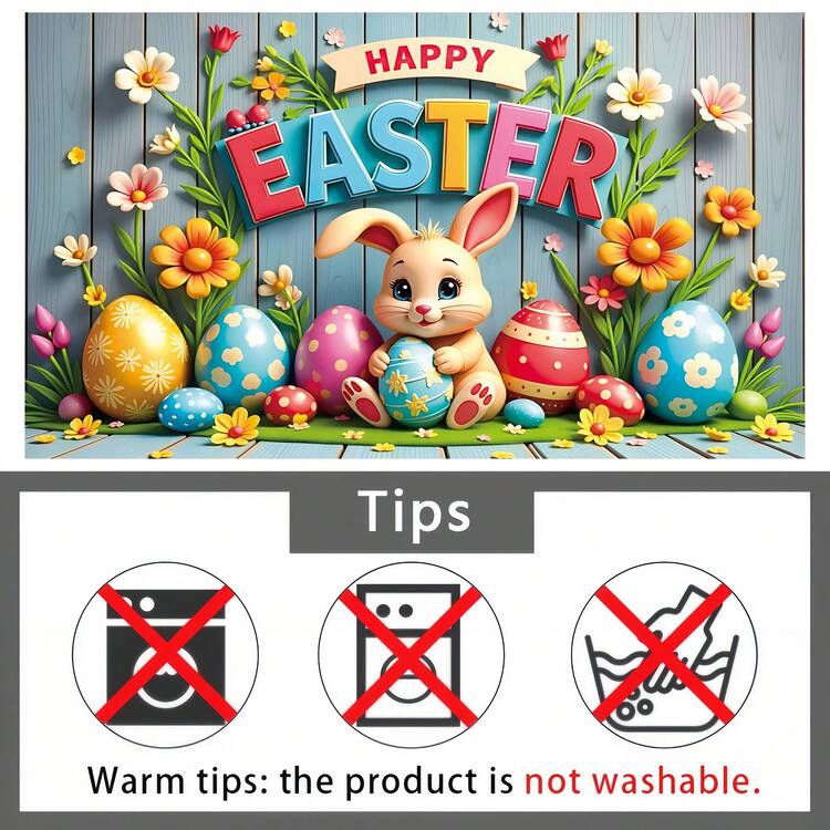 Easter Party Backdrop With Rabbit And Eggs Theme, Made Of Polyester Fabric, Printed With "Happy Easter" Text. Available In 3 Sizes, Ideal For Easter Party Decor, Photography Background, Suitable For Indoor/Outdoor Use. - Multicolor - View 7