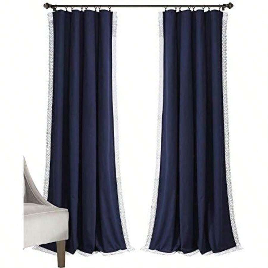 Decor Rosalie - Juego de Cortinas para Ventana filtrantes de luz, Pares, Cortinas clásico Estilo rústico y francés – Cortina Atemporal de ensueño – Ribete romántico de Encaje – 54 Pulgadas de(137.2An x 304.8Al cm (1 Paneles) Azul marino) - Multicolor - Ver 1