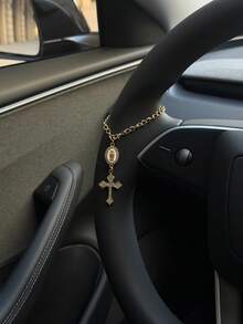 1个可调节15厘米方向盘装饰挂件，简约可爱念珠吊坠汽车配件，独特时尚汽车挂饰 - 白色橢圓盤+十字G款 - 查看 4