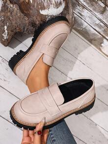 New Women Thick Sole Loafers, Minimalist Fashion Slip-On Casual Shoes, All Season - Beige - View 2