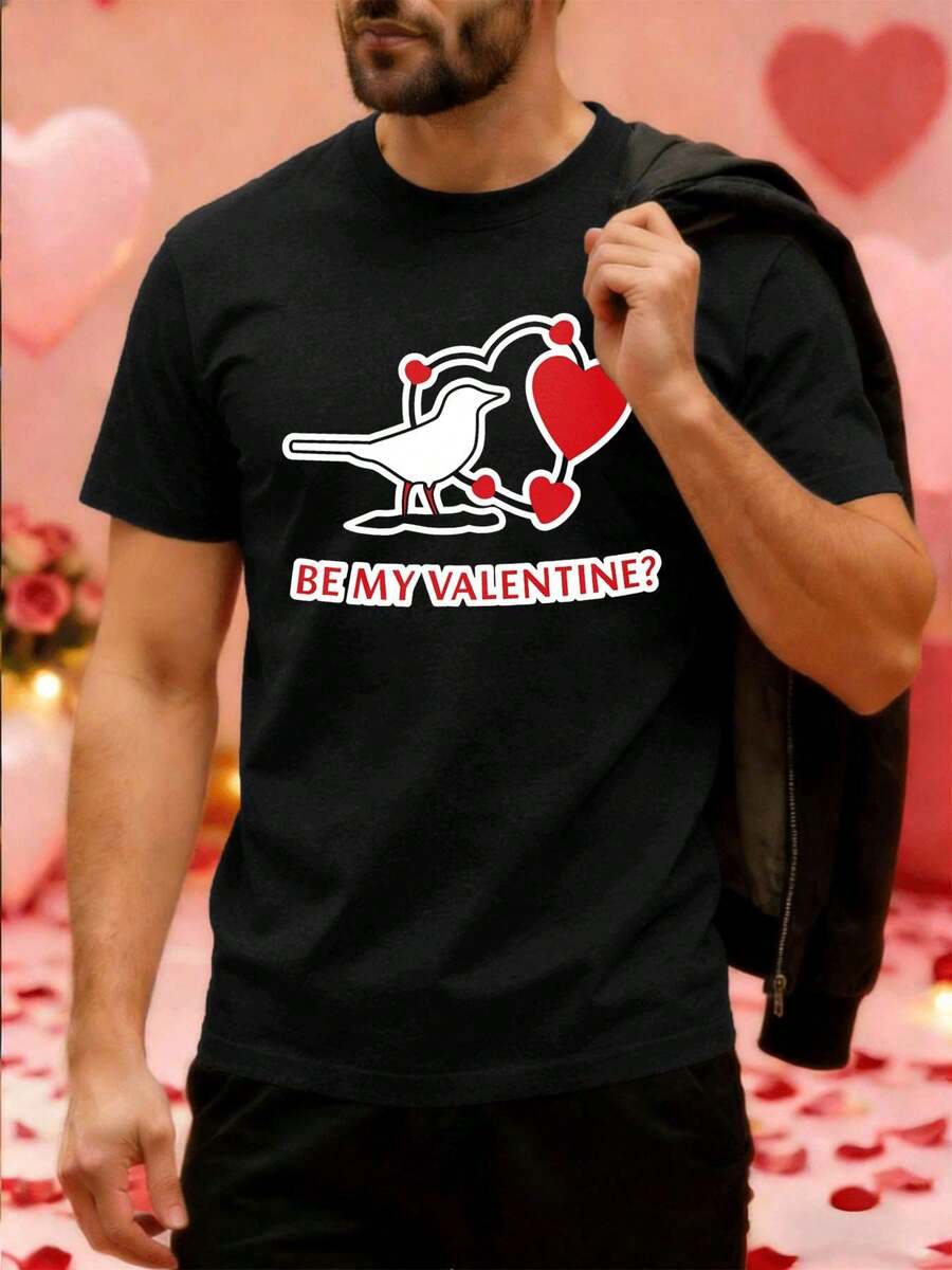 Maglietta con grafica a forma di cuore con uccello di San Valentino per la primavera, materiale di alta qualità, stampa grafica unica, street hip-hop, traspirante - nero - Visualizzare 1