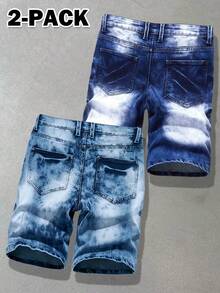 2-Pack Men's Summer Versatile Street Style Stretch Casual Denim Shorts - Light Blue + Dark Blue - View 2