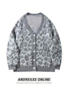 Fashionable Leopard Print V-Neck Button-Down Cardigan Sweater, Casual Loose Fit, Warm And Versatile For Men And Women, Suitable For Spring, Autumn, And Winter - Grey - View 1