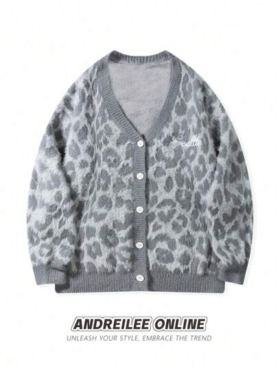 Fashionable Leopard Print V-Neck Button-Down Cardigan Sweater, Casual Loose Fit, Warm And Versatile For Men And Women, Suitable For Spring, Autumn, And Winter