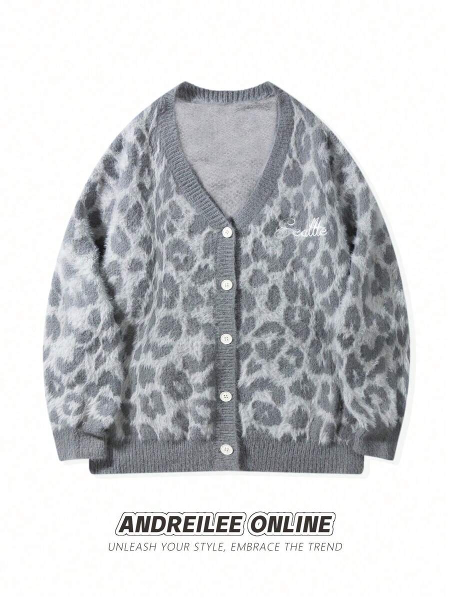 Fashionable Leopard Print V-Neck Button-Down Cardigan Sweater, Casual Loose Fit, Warm And Versatile For Men And Women, Suitable For Spring, Autumn, And Winter - Grey - View 1