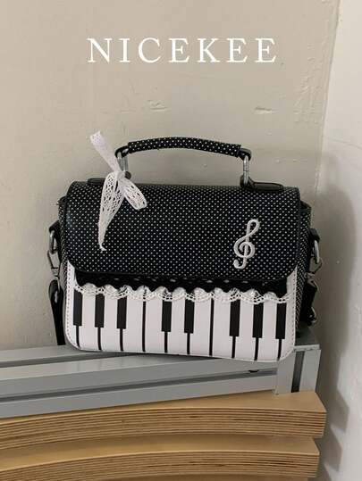 Modern svartvit prickig handväska med spetsrosett, unik liten fyrkantig väska med pianoknappsdekor, elegant mångsidig axelväska lämplig för dagligt bruk, dejter, middagar, shopping, pendling