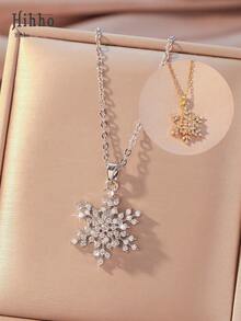 Hihho 1入組精美方晶鋯石裝飾雪花吊墜項鍊適合女士適合派對 - 銀色 - 查看 8