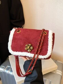 Urocza mała torebka na ramię z zamszu i pluszu w stylu vintage, modna torebka na łańcuszku z blokadą, odpowiednia do codziennego użytku, na zakupy, do pracy, z ozdobną zawieszką na telefon - Wielokolorowe - Zobacz 14