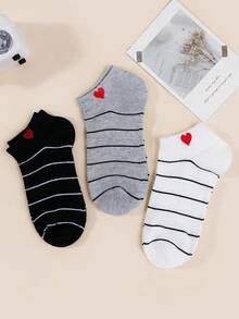 3/6 Pack Women's Low-Cut Socks - Monochrome Stripes With Hearts At Cuff Lightweight & Breathable Comfort For Spring Summer Casual Everyday Wear