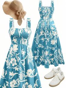 Women's Long Allover Print Spaghetti Strap Maxi Dress, All-Over Bohemian Casual Ruffled Tie Waist Dress - Teal Blue - View 3