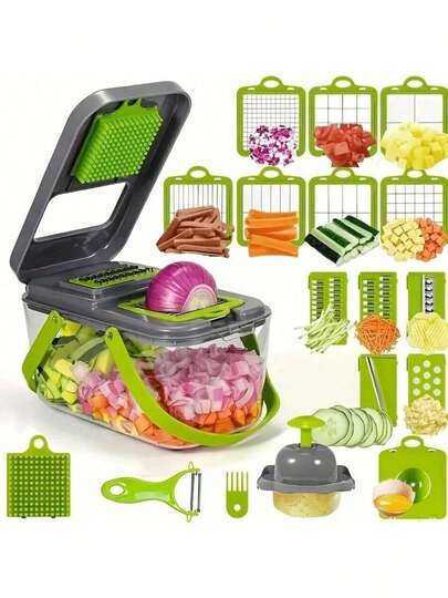 Cortador de verduras multifuncional 6 en 1, picador de cebolla, procesador de alimentos, cortador de cebolla con cesta de drenaje, cortador de zanahoria y ajo, herramienta de cocina, accesorio de cocina, adecuado para el hogar/restaurante para un corte rápido de verduras