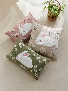 1pc Easter Green Rabbit Embroidered Throw Pillow Cover, Spring Floral Cushion Cover, Suitable For Indoor Decor, Spring/Summer Pillow Sham, Pillow Insert Not Included - Green - View 7