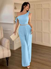 abyoxi 两件套：不对称领口系带腰身休闲上衣和阔腿裤，性感黄色套装，适合通勤、度假、海滩、春夏穿着。 - 淺藍色 - 查看 6