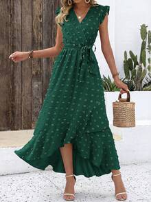 Women Summer Maxi Dress Swiss Dot V Neck Ruffle Cap Sleeve Tie Waist Wrap Ruffle Split Hem Long Dress Bohemia Boho Beach Holiday Vacation Valentine Flowy Long Midi Dress Outfits