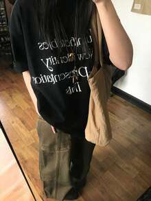 女士黑色 Y2K Grunge 宽松印花字母标语短袖T恤 街头风原宿独立美学休闲宽松上衣 夏季 - 黑色 - 查看 3