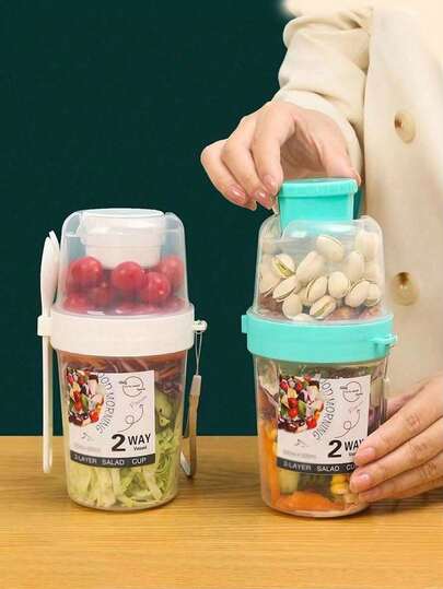 1个便携式沙拉杯，双层燕麦杯，早餐杯（带盖和勺子），适用于办公室、家庭、户外、野餐、露营、工作、学校等各种场合。