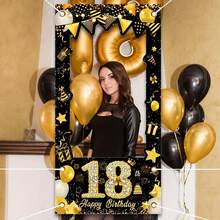 1pc Black & Gold Happy Birthday Photo Booth Prop Banner Decoration, For 18th, 21st, 30th, 40th, 50th, 60th, 70th, 80th, 90th Birthday Celebration, Birthday Photo Frame Decor Background, Home Decor - Multicolor - View 11