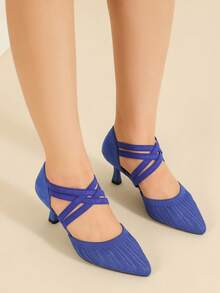 MAIERNISI JESSI Women's Low Kitten Heels Knit Pumps Elastic Crisscross Ankle Strap Slip On Dress Shoes - Royal Blue - View 5