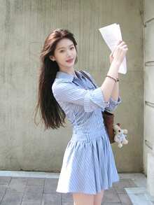 Casual Commuter Striped Front Button Waist Cinched Dress - Blue - View 11