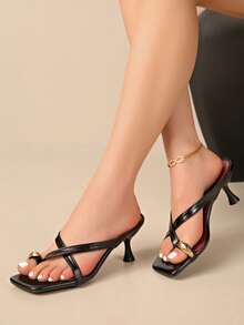 5cm New Colorblock Minimalist Wedge Heel Open Toe Sandals For Women, Summer - Black - View 10