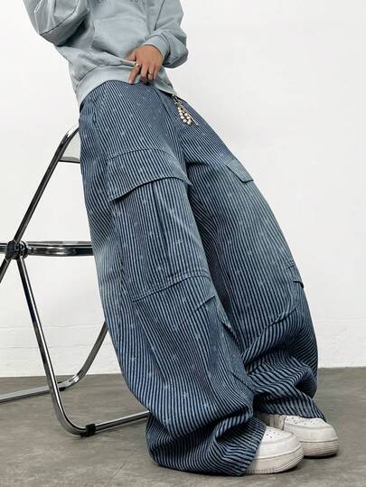 1 adet Japon Sokak Modası Çok Cepli Lazer Çiçek Desenli Bol Paça Kot Pantolon, Şık Günlük Kot Pantolon, Çok Yönlü Tüm Mevsimler İçin Uygun (Kemer ve Aksesuarlar Dahil Değildir)