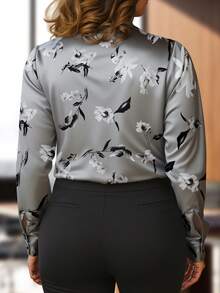 HOMEYEE Plus Size Women Elegant Vintage Floral Pattern Button Front Business Shirt Vacation Spring - Grey - View 3