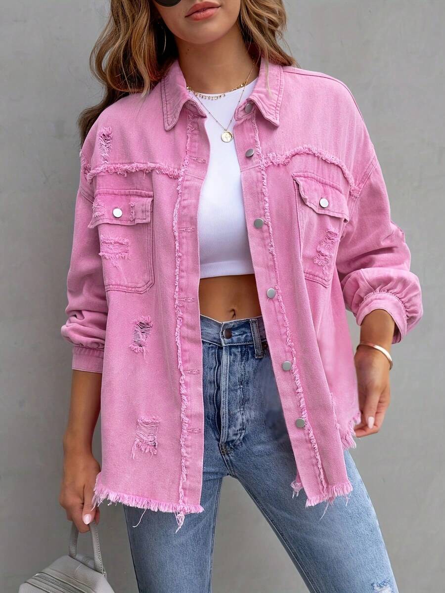 Women's Large-Sized Pink Denim Jacket With Frayed Edges On The Side Pockets Of The Collar For A Retro And Casual Look, Suitable For Daily Wear. Pair It With A Women's Large-Sized Denim Jacket. - 粉色 - 查看 1