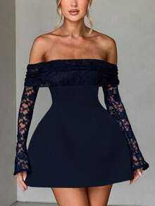 女士性感派对及假日迷你连衣裙，露肩长袖喇叭下摆系带连衣裙，饰有撞色蕾丝细节，弹力针织面料，藏蓝色连衣裙，适合情人节、生日、优雅派对等场合 - 藏蓝色 - 查看 6