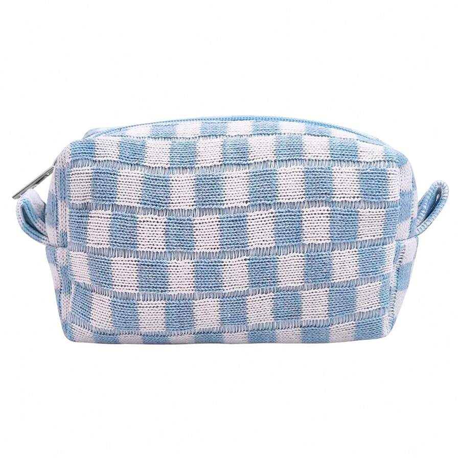 Small Cute Checkered Makeup Bag - Portable Cosmetic Pouch With Zipper, Travel Toiletry Bag, Purse Organizer, Beauty Storage, Blue - Blue - 查看 1
