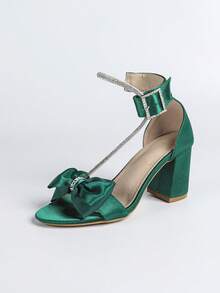 Women's Bow & Rhinestone Decor Chunky Heel Open Toe Ankle Strap Sandals, French Chic Style, Green High Heel Sandals For Summer - Green - View 6