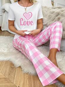 两件套女士爱心印花格子短袖上衣和裤子睡衣套装，休闲舒适家居服 - 白色 - 查看 4