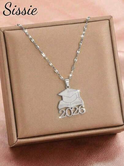 1pc Silver Sprayed Graduation Cap Necklace, 2026 Edition, Stainless Steel Material, Suitable For Boys, Girls, Classmates, Friends, Graduation And Back To School Gift