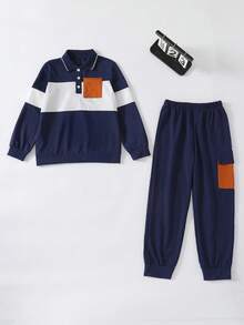 2 件套男童复古拼色长袖 Polo 衫和休闲舒适长裤套装，户外时尚服装