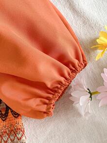 Young Girls' Bohemian Style Puff Sleeve Patchwork Dress - Orange - View 6