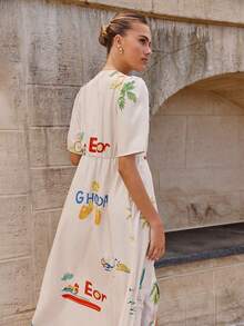 Women's Loose Letter Print V-Neck Button Down Dress, Summer - Multicolor - View 5