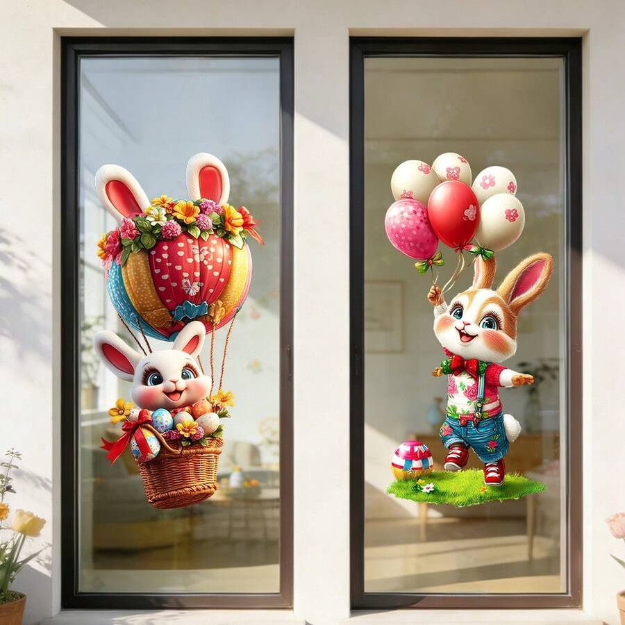 1/2pcs Easter-Themed Balloon And Lively Rabbit Window Stickers, Made Of Reusable PVC Electrostatic Cling Material, Suitable For Bathrooms, Bedrooms, Living Rooms, Dining Rooms, And Home Decoration. - Multicolor - View 1