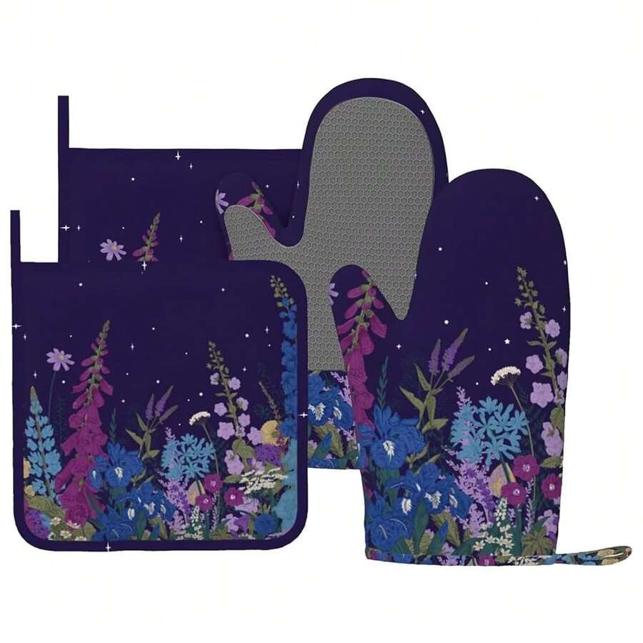 Wildflowers Florals Oven Mitts Pot Holders Set Silicone Heat Resistant Wildflowers Oven Mitts And Hot Pads Florals Potholders Non-Slip Oven Gloves For CooFKing BaFKing Grilling BBQ,Purple - Purple - 查看 1