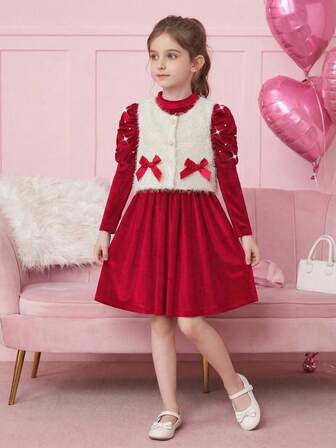 BASUSARRI 两件套女童天鹅绒高领公主袖串珠连衣裙和开衫，纽扣闭合，蝴蝶结装饰，优雅淑女风，百搭时尚女童套装