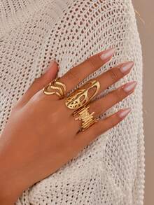 3pcs Minimalist Stainless Steel Gold-Plated Open Ring Set, Suitable For Women's Daily Wear And Gatherings - Gold - View 2