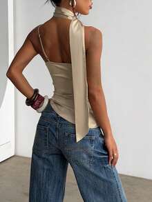 WOWDARK 女士夏季上衣，纯色，时尚性感高领，不对称下摆，缎面吊带休闲衬衫，适合派对、夜生活、情人节、度假、海滩等场合。 - 香檳色 - 查看 5